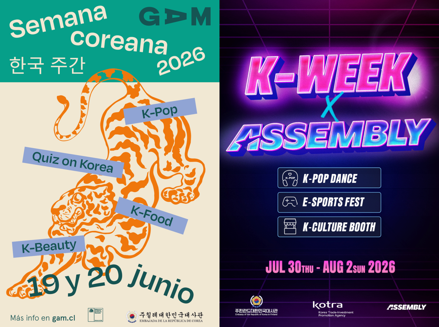 Korea Week posters for Korean embassies in Chile (left) and Finland (Ministry of Foreign Affairs)