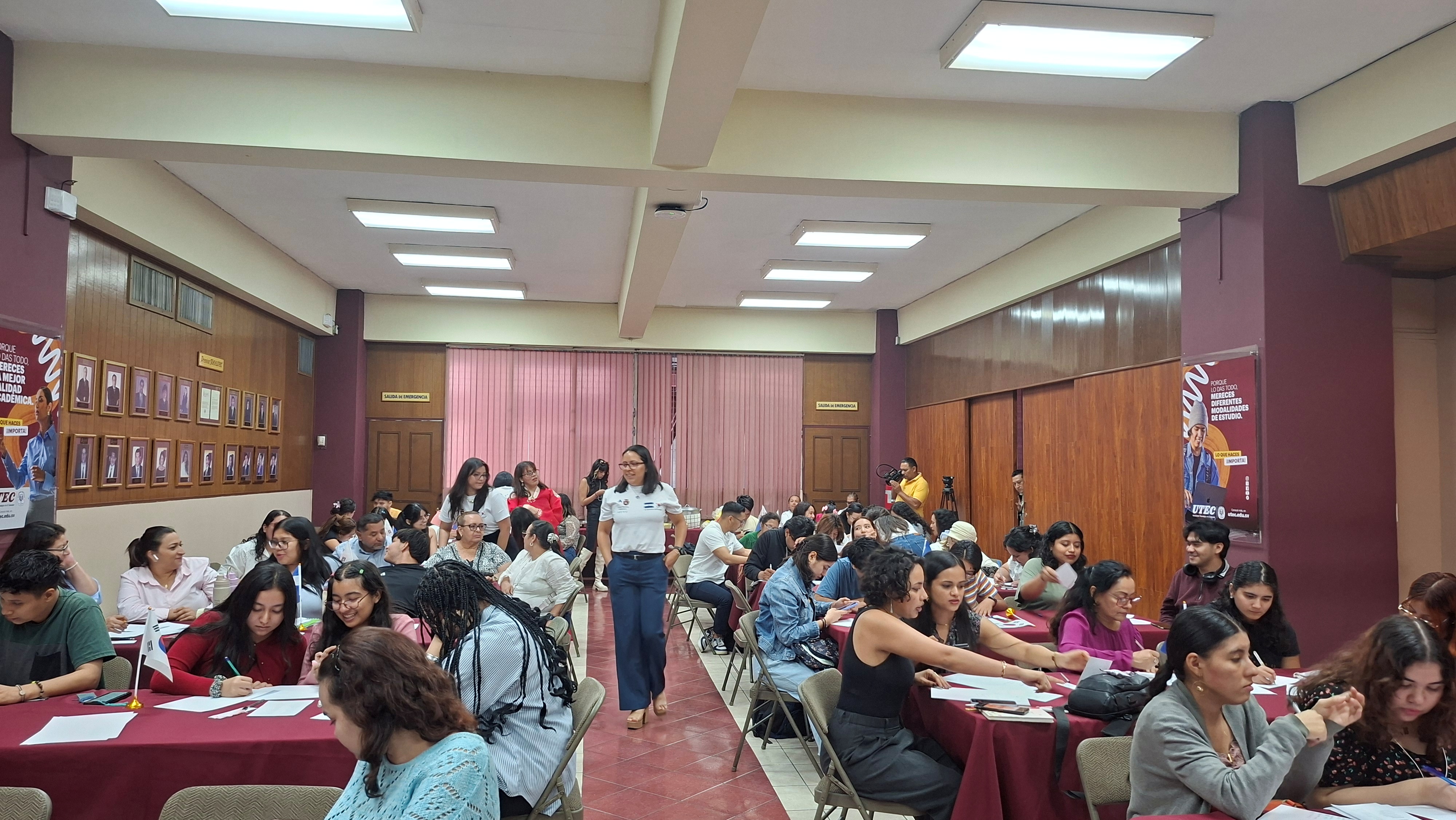 Raquel Orantes (center), manager of the King Sejong Institute in San Salvador, leads a Hangeul workshop at the Technological University of El Salvador on June 23, 2026.