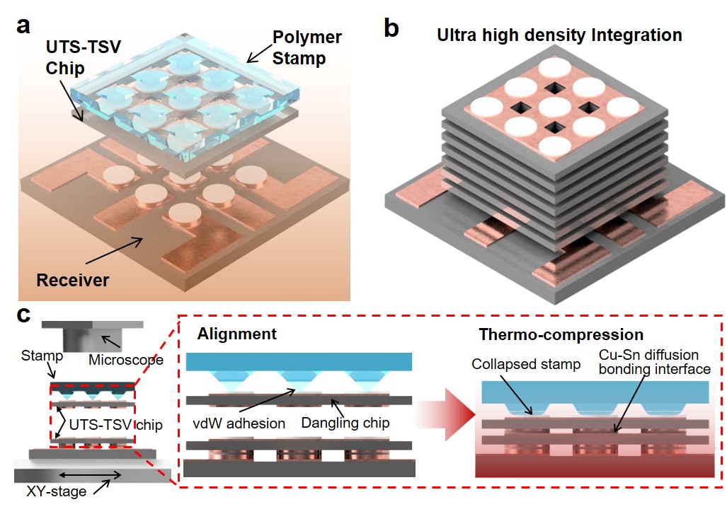 These illustrations demonstrate the stable stacking method of uber-thin semiconductor chips developed by a joint research team of Pohang University of Science and Technology (POSTECH) and the Korea Institute of Industrial Technology. (POSTECH)