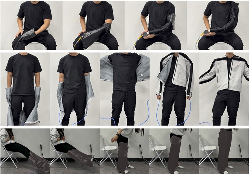 This is the process in which garments and their components like sleeves, a jacket and pants unfold themselves and help wearers get dressed through the power of air pressure. (KAIST)