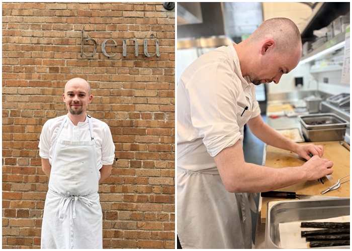 Chef Nathan Gallagher on June 17 stands outside Benu in San Francisco    Nathan Gallagher on June 18 prepares ingredients in the Benu kitchen in San Francisco.