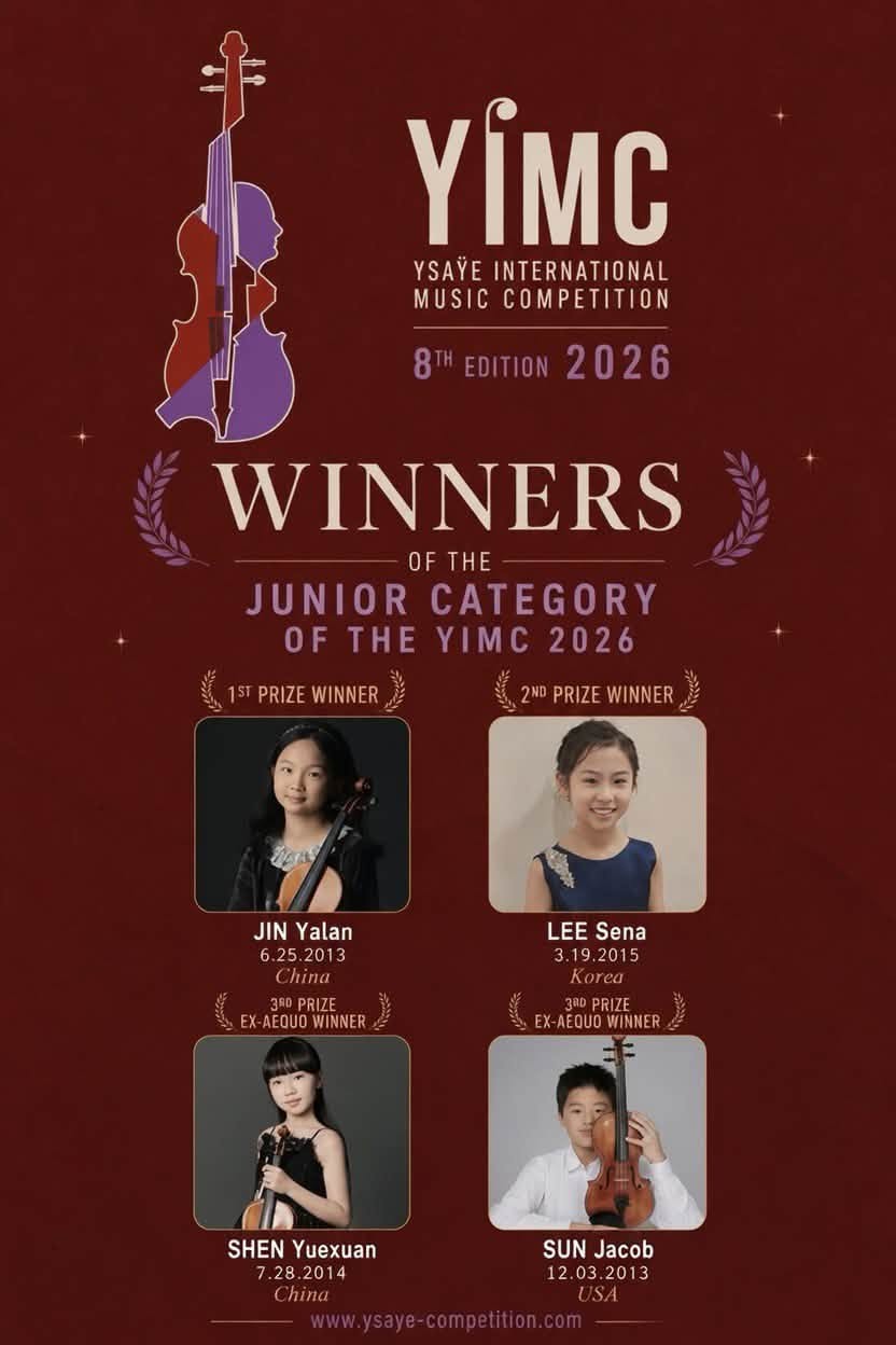 'These are the winners of the junior division of this year's Ysaye International Music Competition of Belgium, which was held in Seoul in a first for Korea. Lee Sena from Korea (top right) was runner-up. (Competition's official Facebook page)