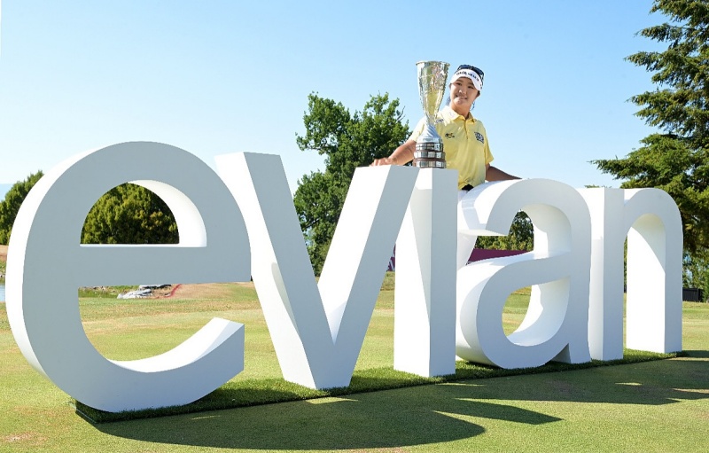Ryu Haeran on July 12 poses for photos after winning the LPGA Amundi Evian Championship at Evian Resort Golf Club in Evian-les-Bains, France. 