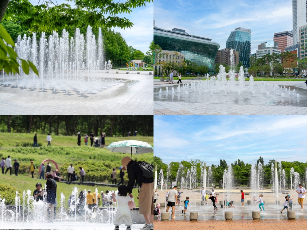 Clockwise from top left are splash pads in Seoul Forest in Seongdong-gu District, Seoul Plaza in Jung-gu District, World Cup Park in Mapo-gu District and Buramsan Healing Town in Nowon-gu District.
