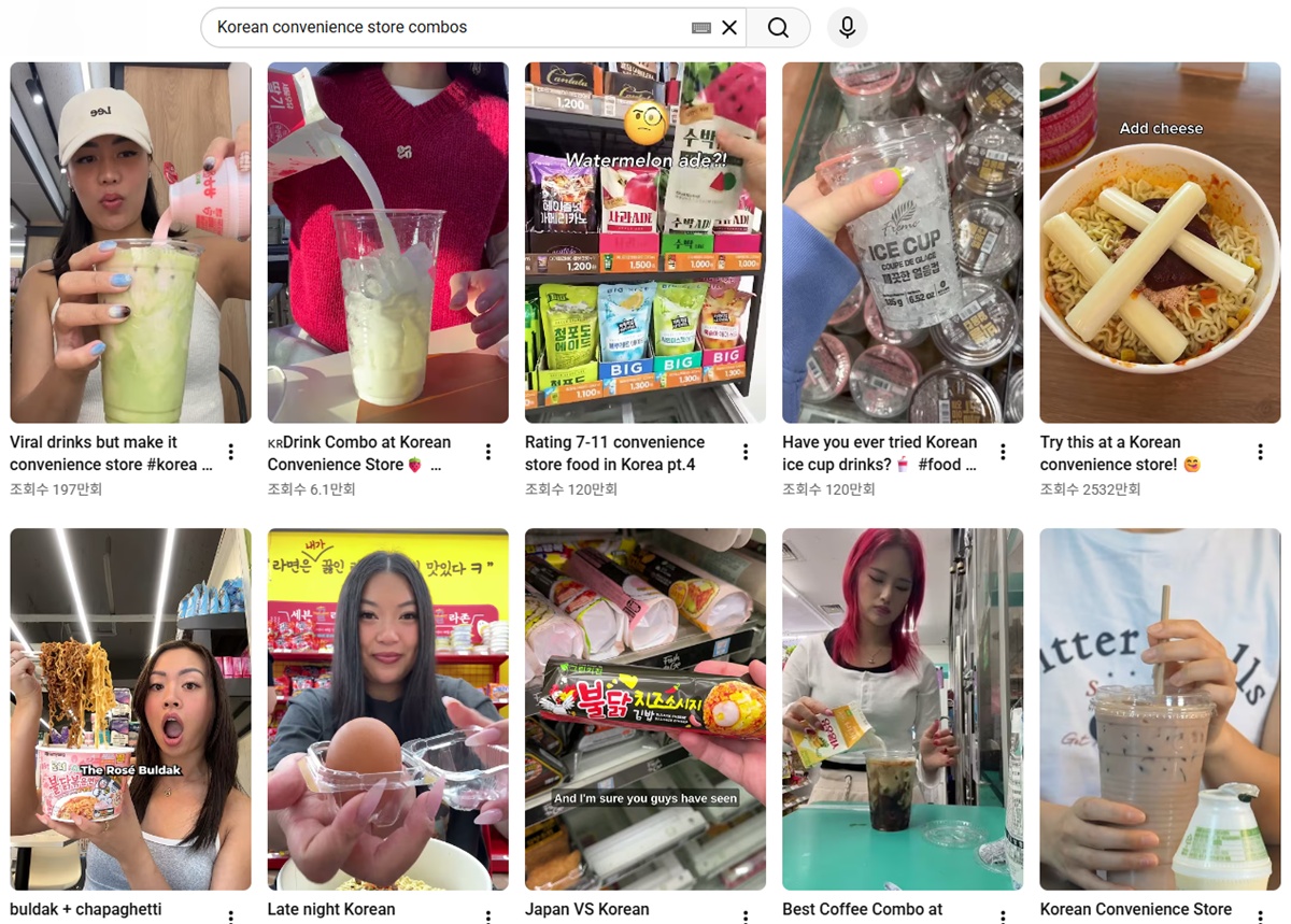 A search for culinary combinations featuring food from Korean convenience stores on social media shows a wide variety of related recipes. (Screenshots from YouTube)