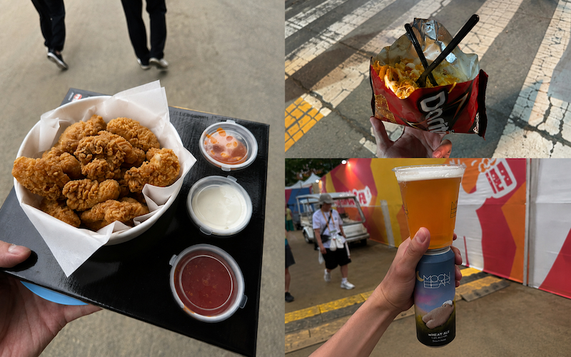 Fried chicken, beer and loaded chicken nachos served in a Doritos bag showcase the variety of food available at the Daegu Chimaek Festival in Duryu Park, Daegu, on 2 July 2026, highlighting how the event extends beyond the traditional 