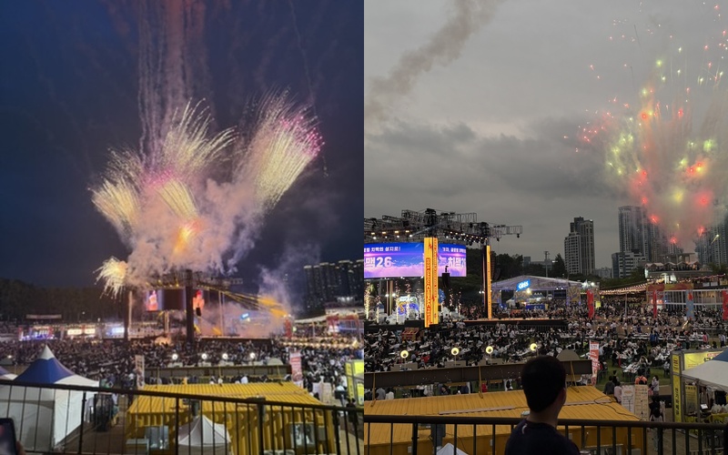 A fireworks display lights up the sky above the main stage at the Daegu Chimaek Festival in Duryu Park, Daegu, on 2 July 2026, shortly before FT아일랜드's headline performance.