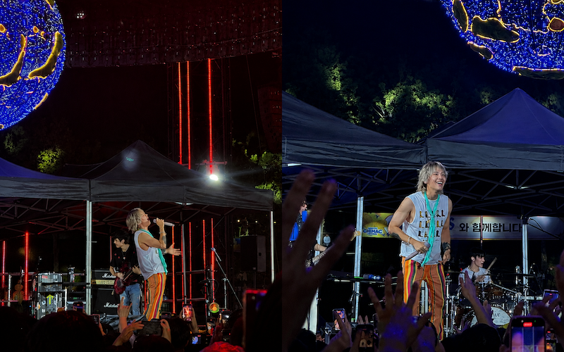 The lead vocalist of FT아일랜드 performs on the main stage during the opening day of the Daegu Chimaek Festival at Duryu Park in Daegu on 2 July 2026.