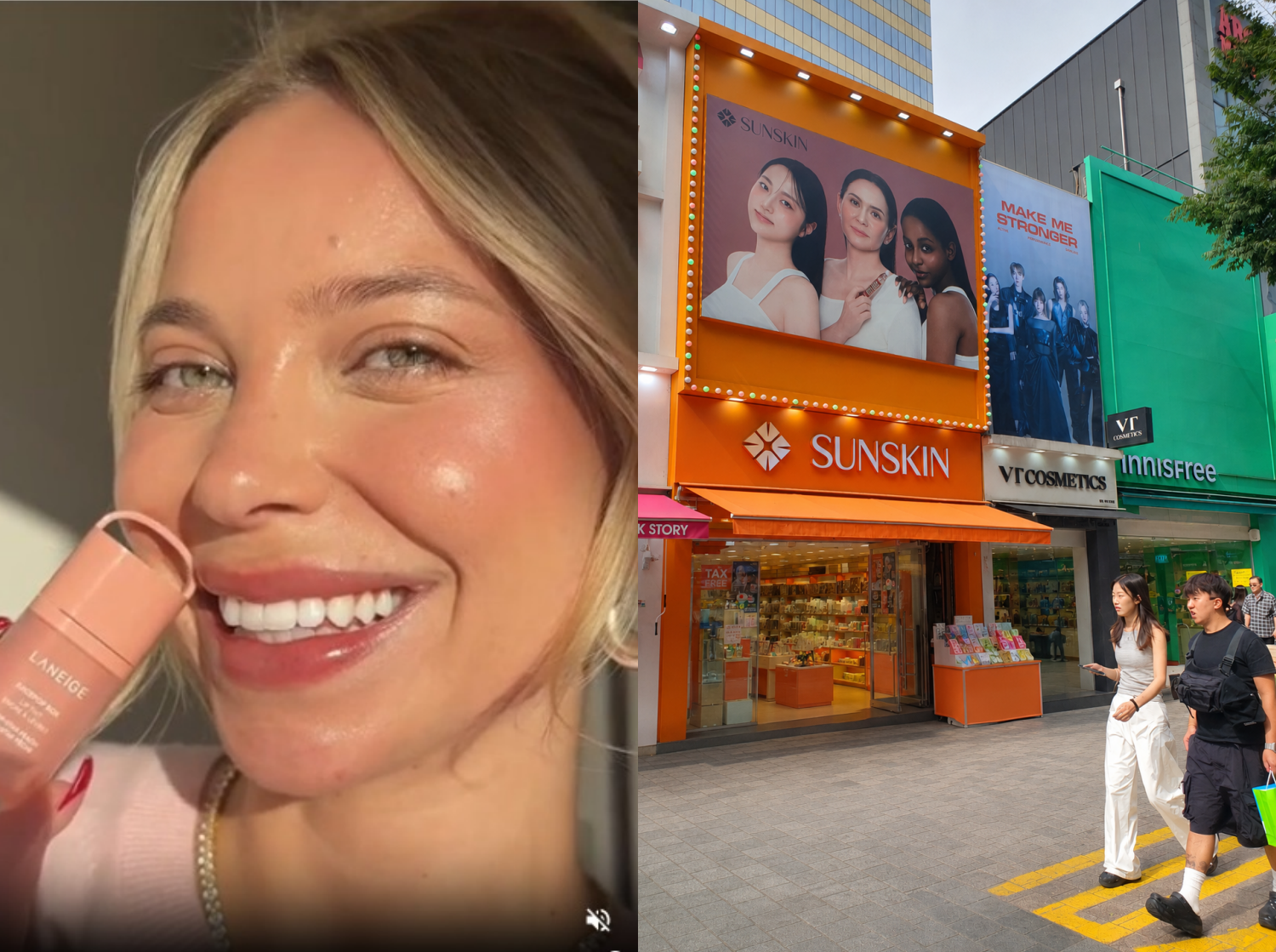 A product promotional image (left) features a model for the official U.S. online store of Laneige, while a large image (right) of models with diverse skin tones and ethnic backgrounds is displayed at a cosmetics store in the shopping neighborhood of Myeong-dong in Seoul's Jung-gu District. (Laneige U.S.'s official website and Uyen Nguyen)