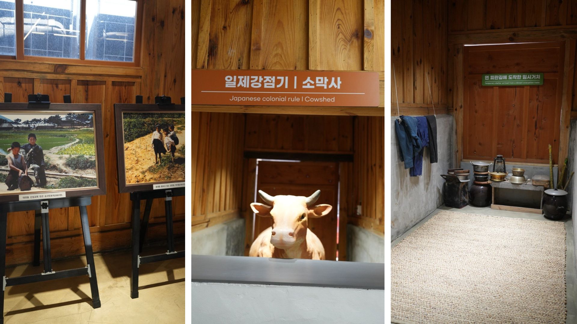 Historical photographs of the Uam-dong district during the Japanese colonial period (left); a museum reconstruction of Cattle Shed Village — the cowshed that housed Korean War refugees during 1950–1953 (center); a recreation of the bare living conditions inside the temporary refugee shelter, where displaced families arrived with almost nothing (right). Somaksa Museum, Busan, July 2026. Photo by: Mariia Smoliana