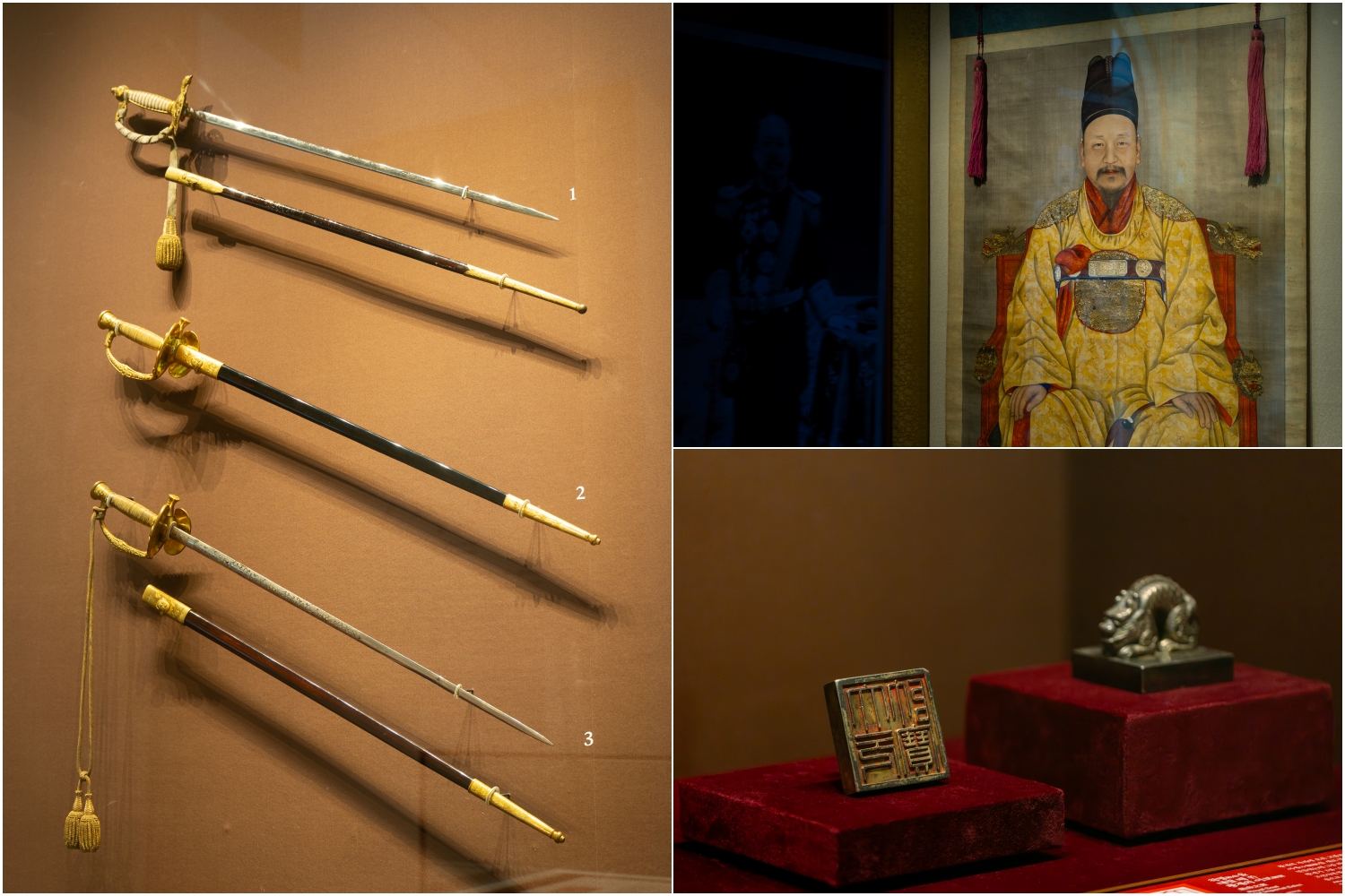 Clockwise from the top left are formal dress swords, a portrait of Emperor Gojong and his royal seal. (National Museum of Korea)