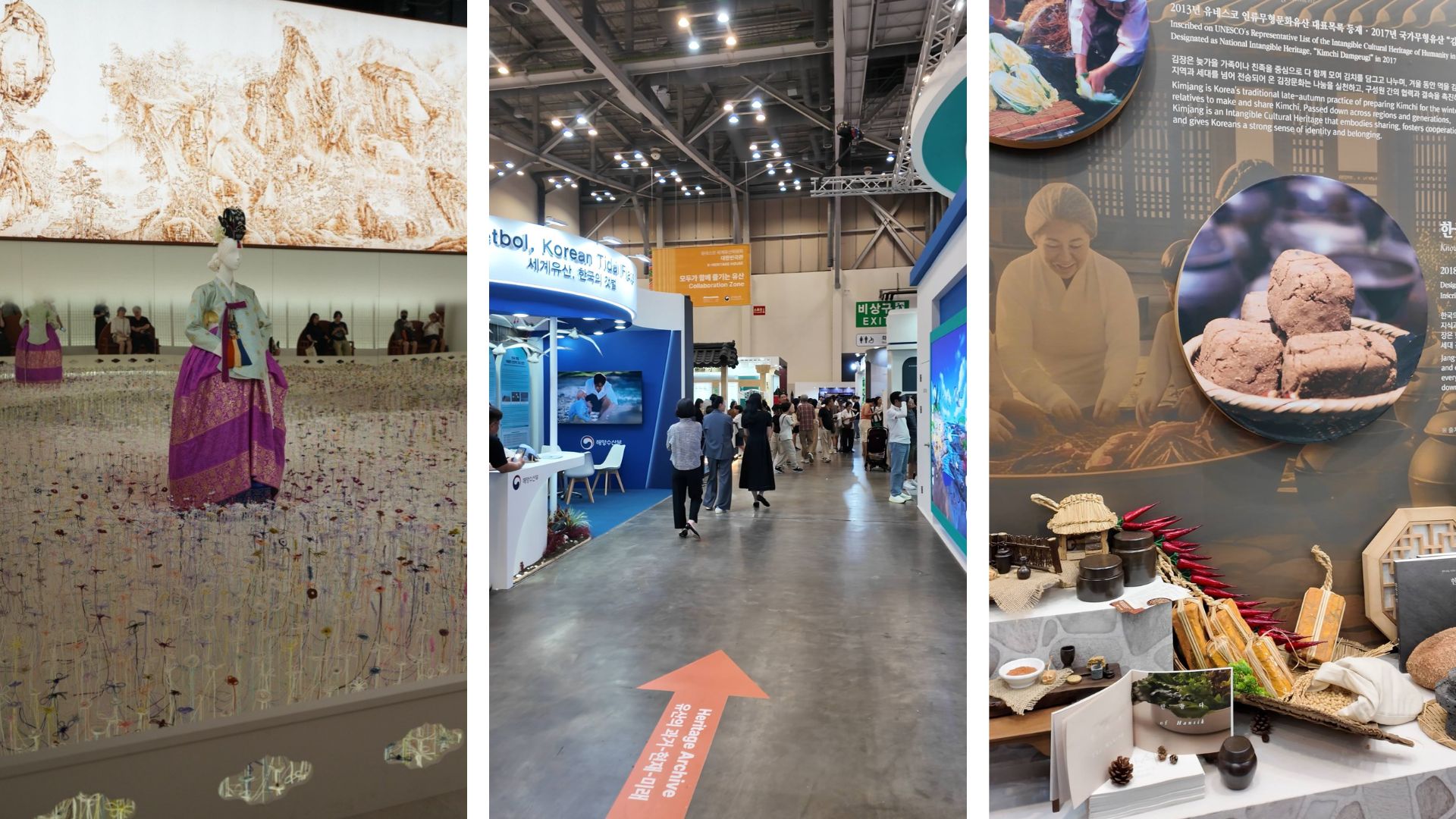 (Left) A digital art installation showcasing traditional Korean hanbok and landscape at the 48th UNESCO World Heritage Committee session; (center) ministry booths presenting Korea's heritage sites to international visitors and (right) an exhibit dedicated to kimjang, or the culture and process of making kimchi, which is designated a UNESCO Intangible Cultural Heritage in 2013 at the convention center BEXCO in Busan's Haeundae-gu District.