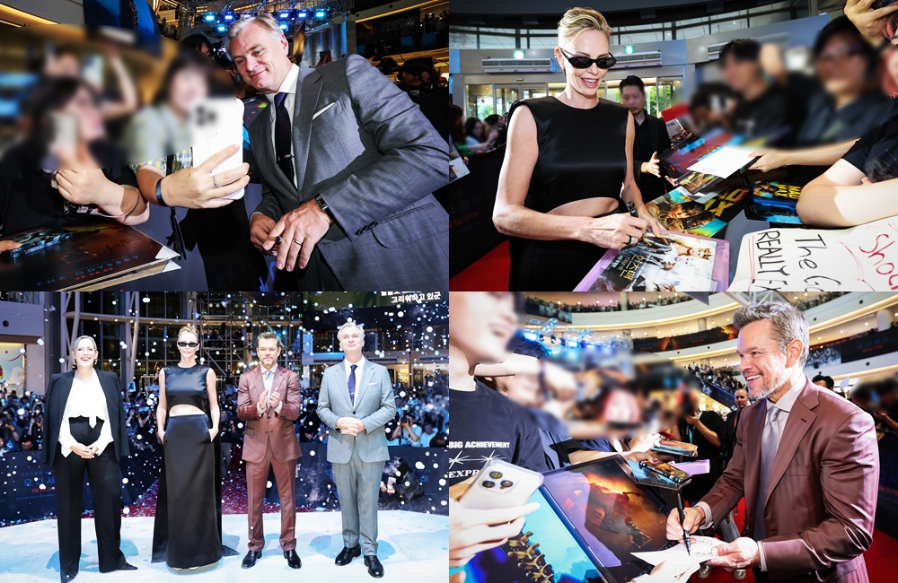 Director Christopher Nolan (clockwise from top left), actors Charlize Theron and Matt Damon, and producer Emma Thomas on Aug. 4 interact with fans at a red carpet event for 
