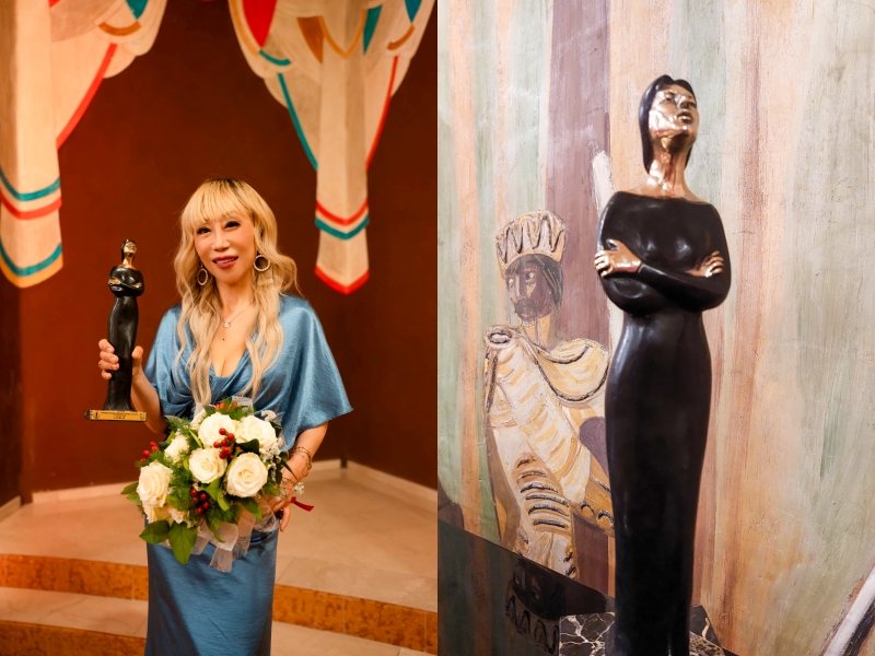 Soprano Sumi Jo on Aug. 2 poses for photos with her trophy for the Maria Callas Special Award in Verona, Italy. (PRM)