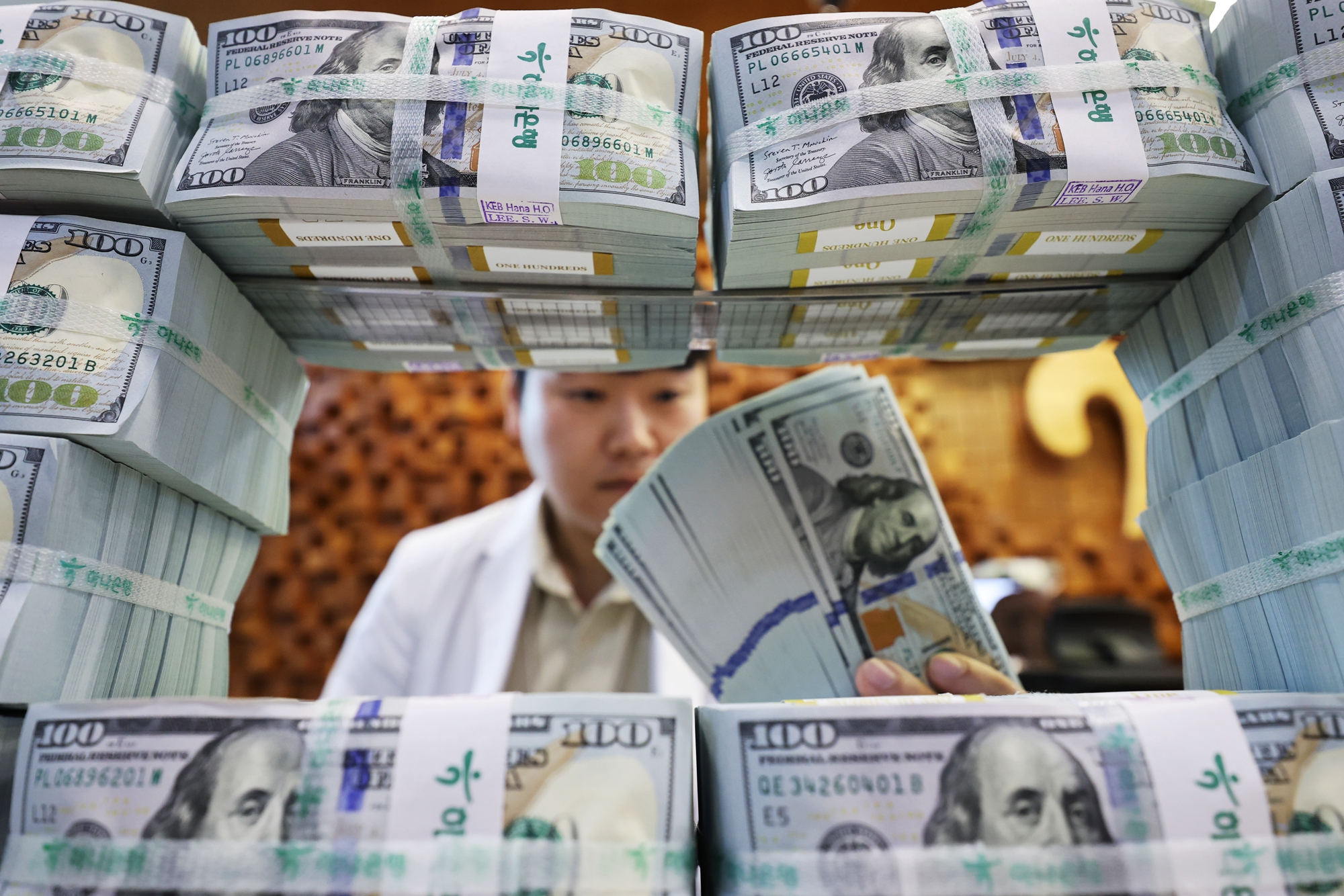 The Bank of Korea on Aug. 5 said foreign exchange reserves rose for the second consecutive month in July thanks to the issuance of new foreign exchange stabilization bonds. Shown is an employee that day sorting the USD at Hana Bank's Counterfeit Response Center in Seoul's Jung-gu District. (Yonhap News)
