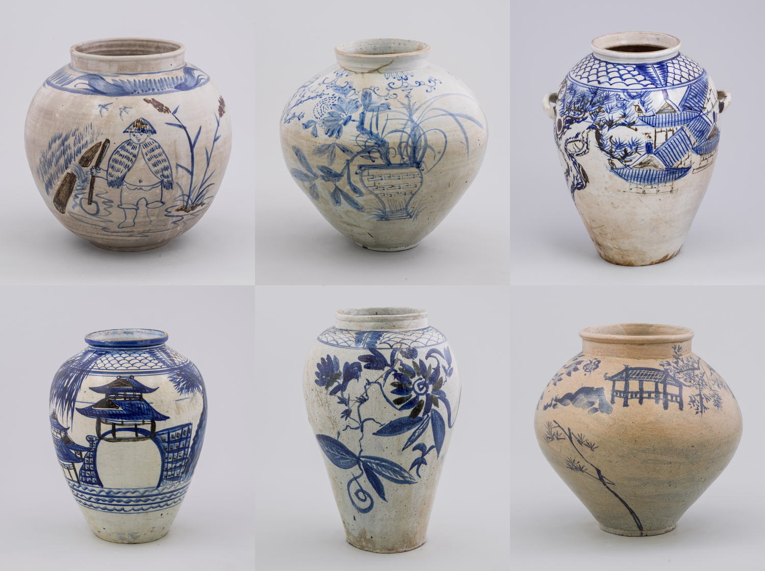 These Haeju jars from the early 20th century show free-flowing and lively designs of peonies, fish, chrysanthemums. (National Folk Museum of Korea)