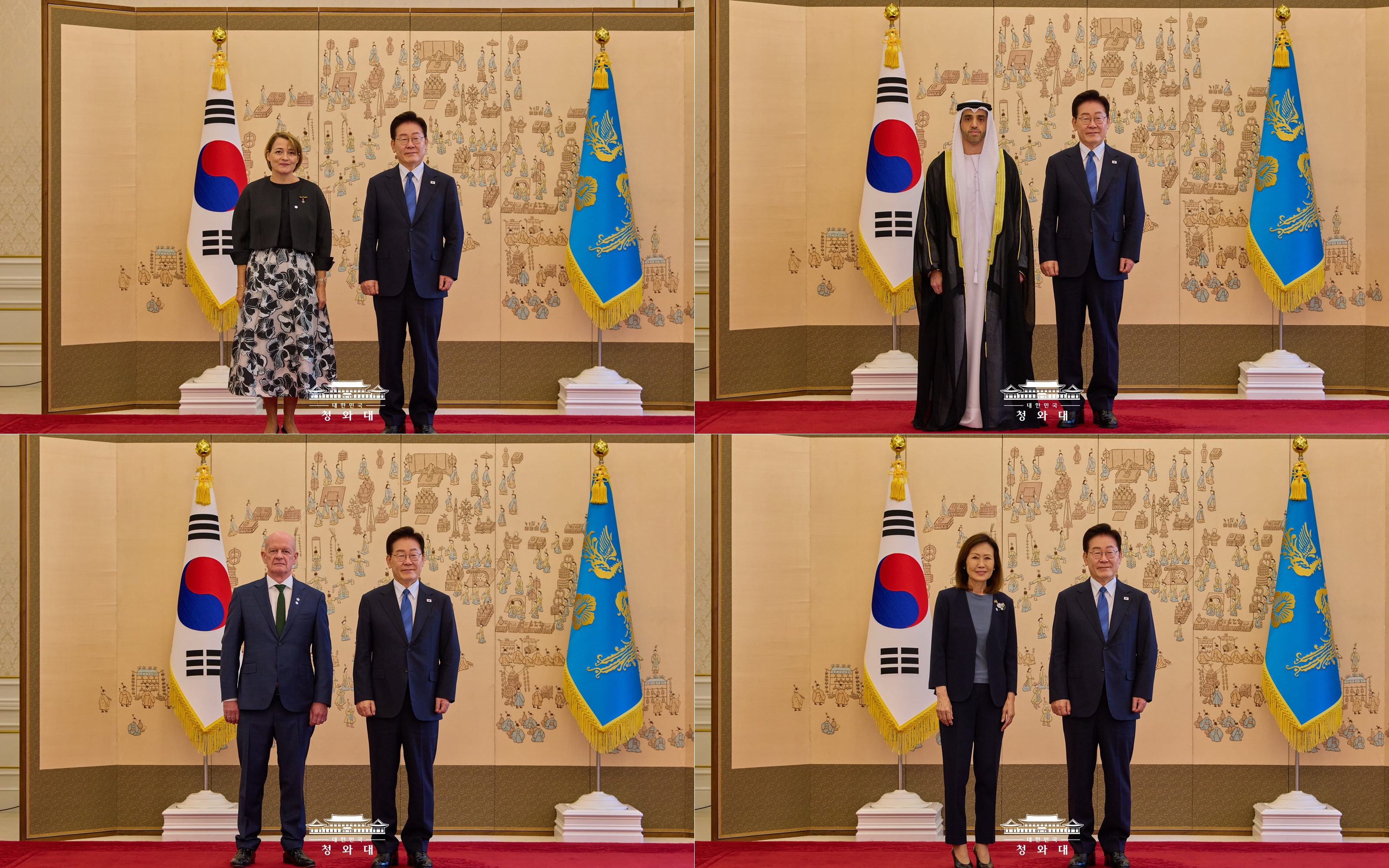 President Lee Jae Myung on Aug. 12 received credentials from four newly appointed foreign ambassadors at Cheong Wa Dae in Seoul: (clockwise from upper left) Vanda Maria Dias Stelzer Sequeira from Portugal; Jamal Abdulla Mohamed Bin Abdulwahab Al Suwaidi from the United Arab Emirates; Michelle Steel from the U.S.; and Sean Hoy from Ireland. (Cheong Wa Dae)  