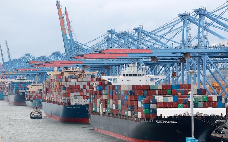 Busan New Port across Busan's Gangseo-gu District and Jinhae-gu District of Changwon, Gyeongsangnam-do Province, is filled with cargo-packed vessels at its berths. (Yonhap News)