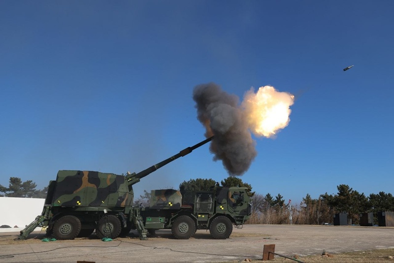 The K9 wheeled self-propelled howitzer undergoes test firing at a testing facility of the Agency for Defense Development. (Hanwha Defense USA) 