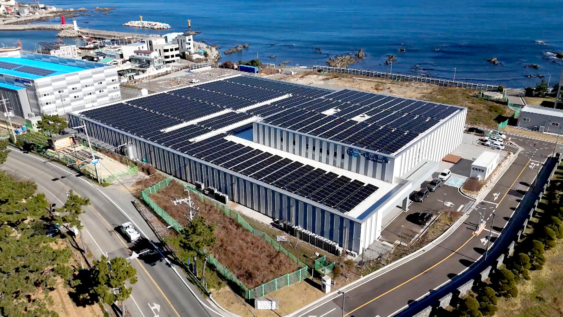 This is an aerial view of Eco Aquafarm, the nation's largest Atlantic salmon farm established in December 2024, in Busan's Gijang-gun County.
