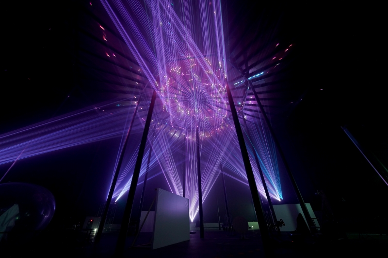 The fiesta in the cave laser work, September 2021, an Open Media Art Festival in Korea. Courtesy of Jeho Yun