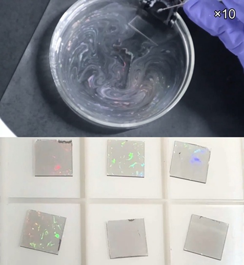 The top photo shows the process by which particles measuring hundreds of nanometers in size instantly assemble on the water's surface to form nanopatterns, and the bottom displays samples of nanopatterns created this way.