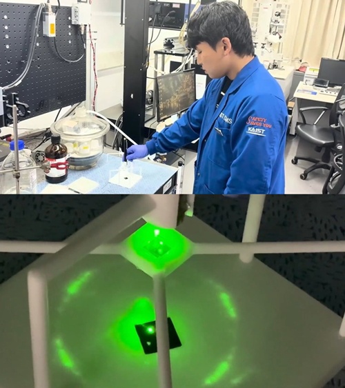 A green laser (top) is used to observe the diffraction pattern of a nano-fingerprint. A unique diffraction pattern (bottom) is formed when the nano-fingerprint is illuminated by a green laser (bottom)..