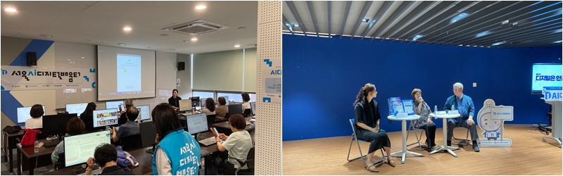 A class (left) teaches creation of generative AI videos using smartphones, while an instructor (far left in right photo) speaks with two students.