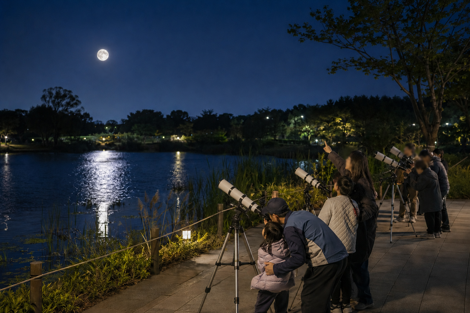 People use telescopes to see a full moon reflected on Nanji Pond at World Cup Park in Seoul's Mapo-gu District. (Seoul Metropolitan Government)