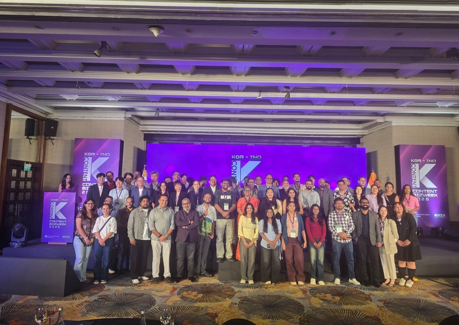 Participating Korean and Indian companies, organizers and volunteers on Sept. 1 pose for a group photo at the KOR-IND K-Content BizWeek at the Hyatt Regency in New Delhi. (KOCCA India)