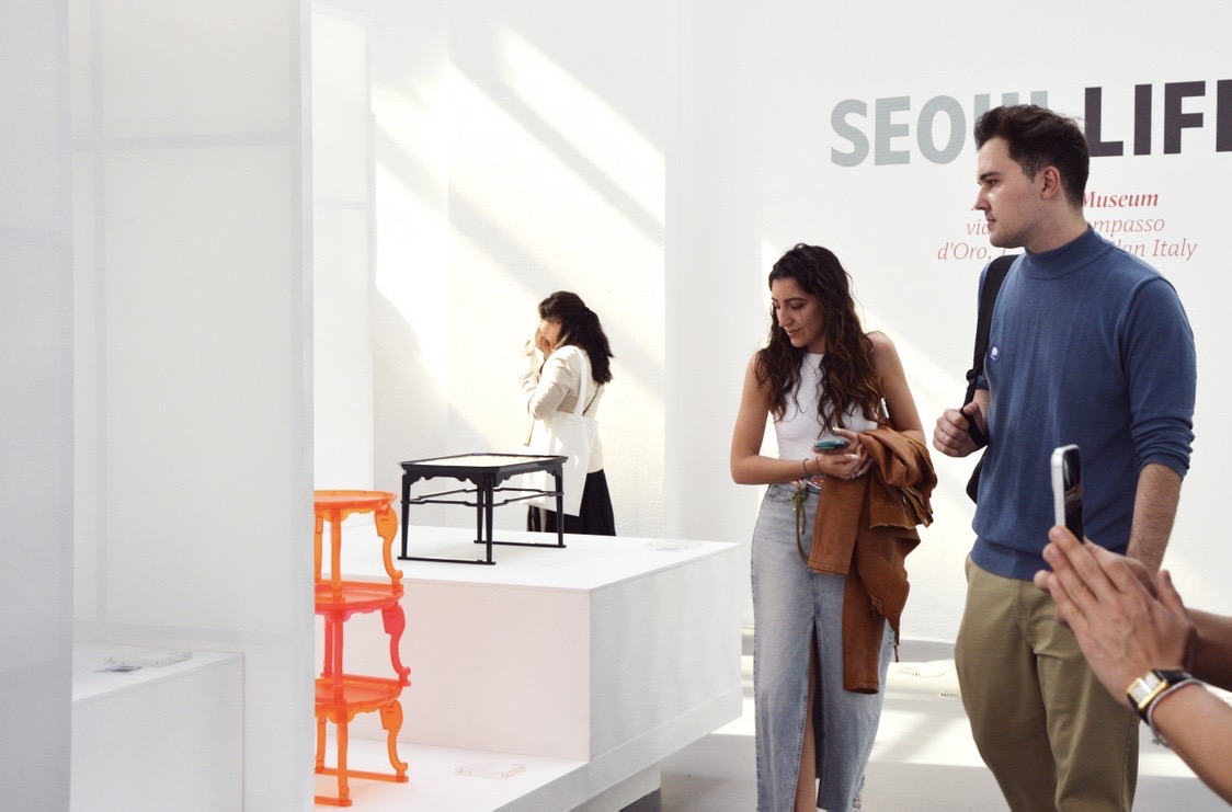 Visitors in April view modern interpretations of soban, a traditional small table, at the ADI Design Museum in Milan, Italy. (Seoul Design Foundation)