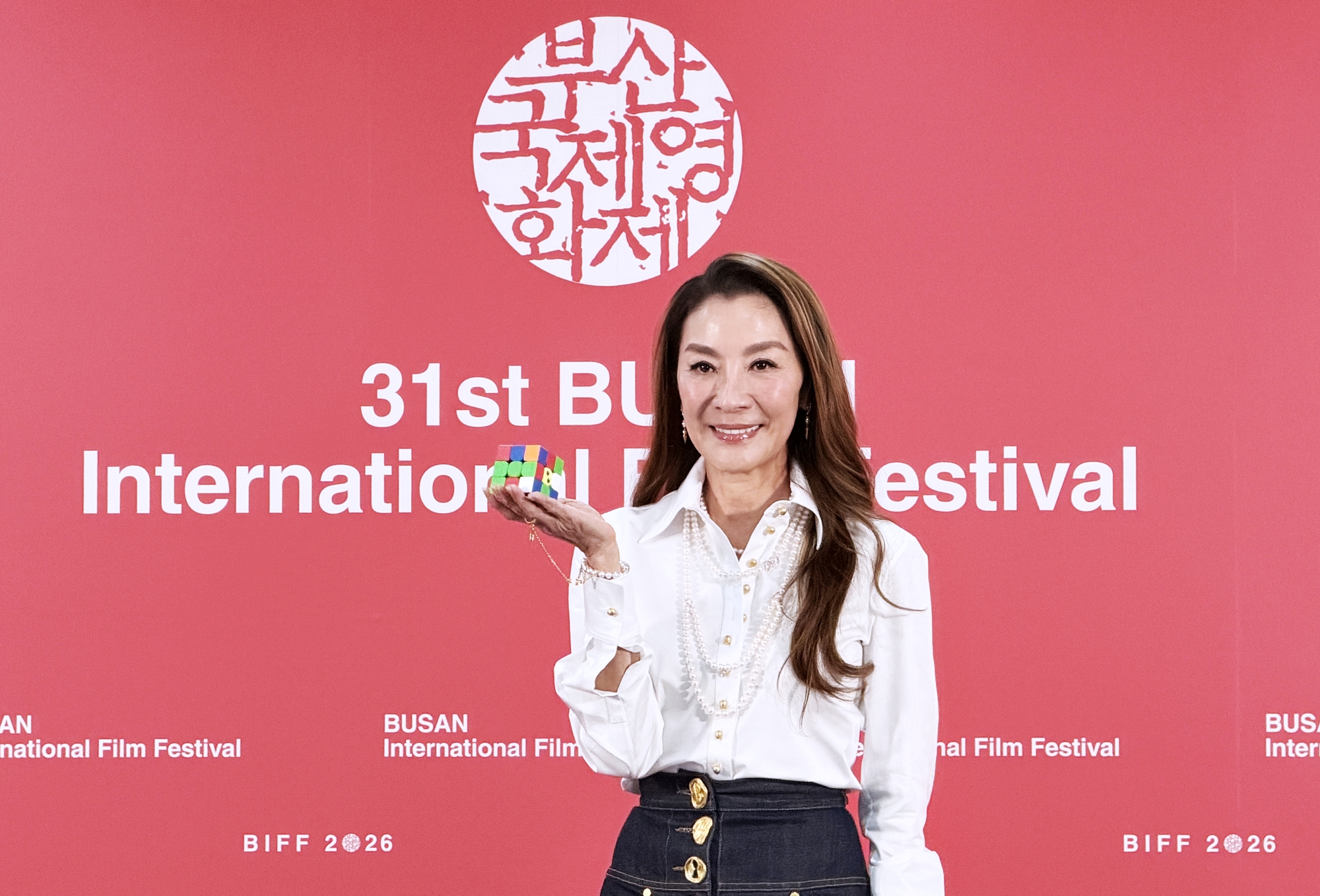 Malaysian actor Michelle Yeoh on Oct. 7 poses at a news conference for her acceptance of the Busan International Film Festival's (BIFF) Asian Filmmaker of the Year award at BIFF Hill of Busan Cinema Center in Busan's Haeundae-gu District. Her new film 