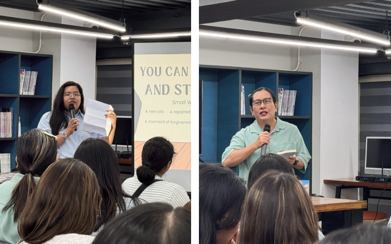 Zy Mateo (left) and Rebecca Mendoza (right), KCC PH Book Club Members, opened the event by sharing their thoughts on The Second Chance Convenience Store on September 10, 2026 at the KCC PH Library. (Photo by Jadiene Shani Teng)