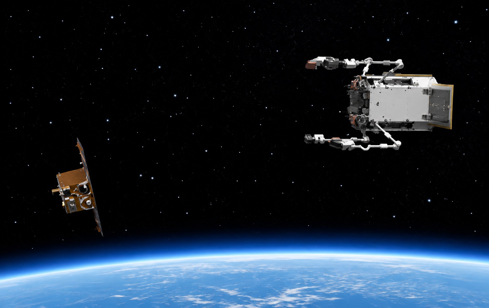 An image illustrates the Active Debris Removal Satellite, which is under development by the Korea AeroSpace Administration (KASA), approaching its target. The satellite uses its robotic arm to lower the captured satellite's orbital altitude and releases it, allowing it to burn up from atmospheric friction upon reentry. (Korea AeroSpace Administration)