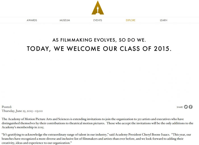 AMPAS announced the list of its new members for 2015 on its homepage in late June this year.