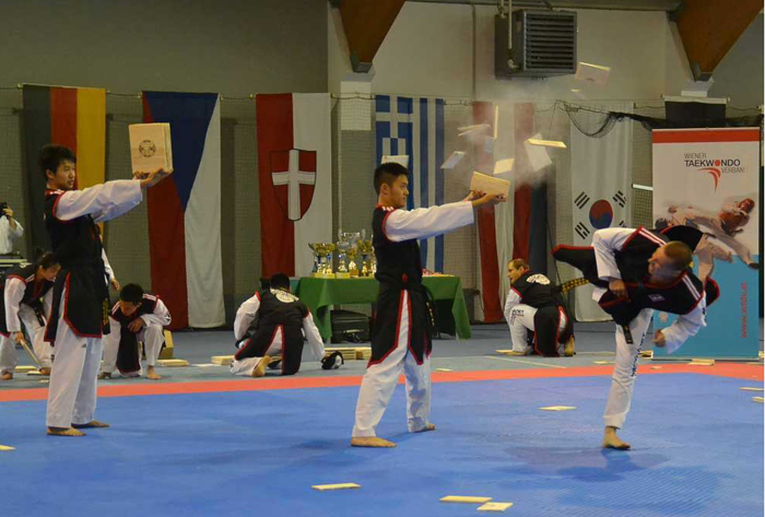 Participants in the taekwondo competition demonstrate their board breaking skills during the Donau Park Korea Festival in Vienna. (photos courtesy of Korean Embassy in Austria)