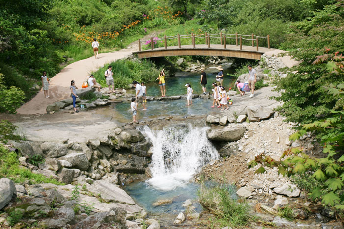 Visitors to the garden enjoy an outing while crossing a small creek.