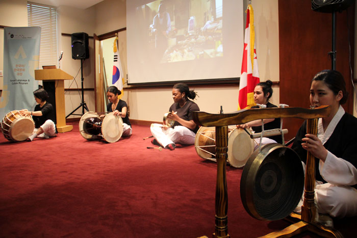 Students at the King Sejong Institute in Ottawa perform traditional <i>samulnori</i> percussion music.