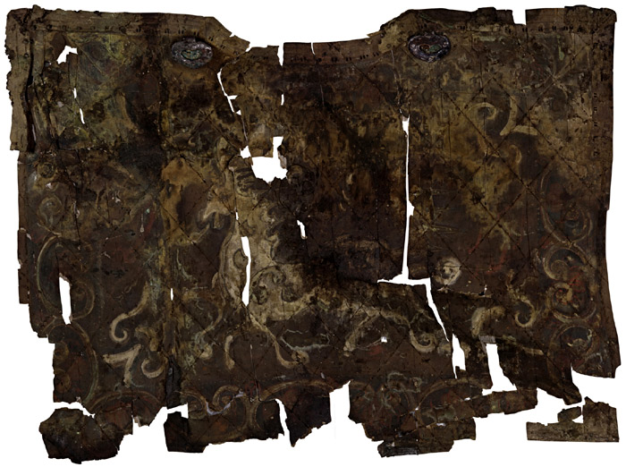(Top) The birch bark lower section of a saddle flap with a heavenly horse painted on its side is National Treasure No. 207. (Bottom) The upper birch bark section of a saddle flap has a heavenly horse painted on its side. It is 73.4 centimeters wide by 54.7 centimeters tall. (photos courtesy of the Gyeongju National Museum)
