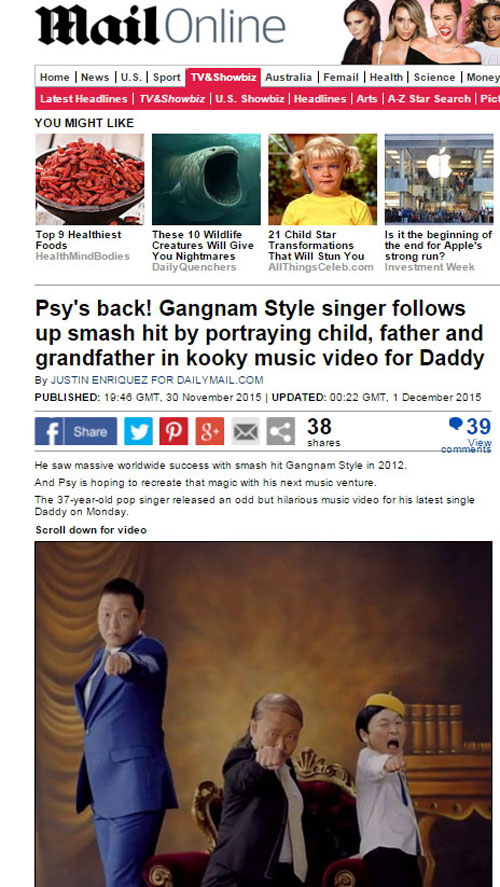The U.K.'s Daily Mail talks about Psy’s new album while showing a scene from the music video of ‘Daddy’ where he plays the grandfather, the father and the son.