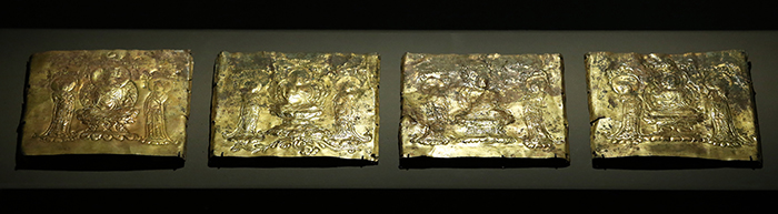 Four gilt panels form a box that contained a reliquary. They are on display at the 'Devout Patrons of Buddhist Art' exhibit going on at the National Museum of Korea.