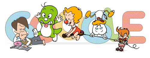 Dooly, his foe and his friends decorate the logo of Google Korea. (From left) Go Kildong, Dooly, Douner, Ddochy, Heedong. (image from Google Korea's Google Plus)