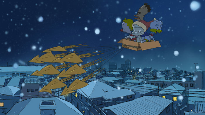 Dooly and his friends flying late on a snowy winter night (image: courtesy of Doolynara)