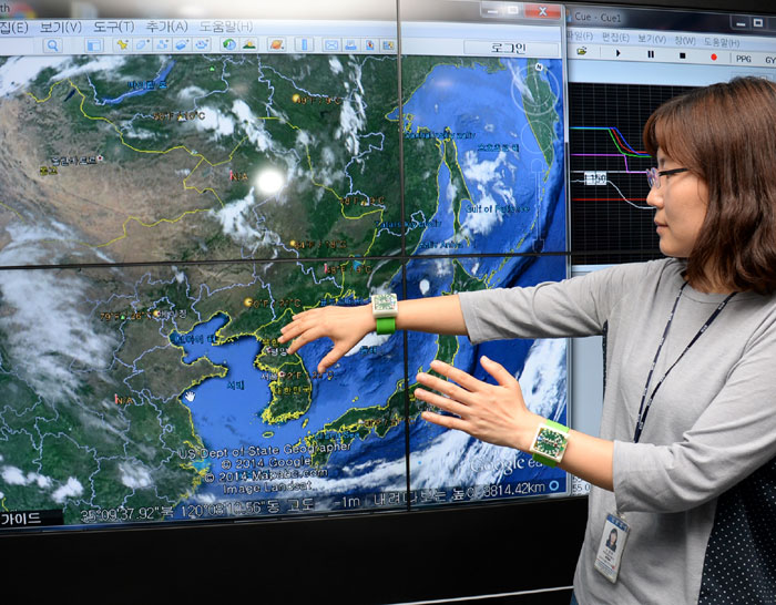 A user moves and changes the image on a big screen by moving her hands while wearing a smart watch-shaped device on her wrists.