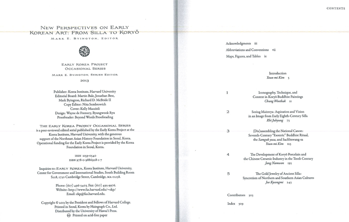 The contents page of “New Perspectives on Early Korean Art: From Silla to Koryo,” part of the Harvard series on the early history of the Korean Peninsula (Photo courtesy of the Northeast Asian History Foundation)