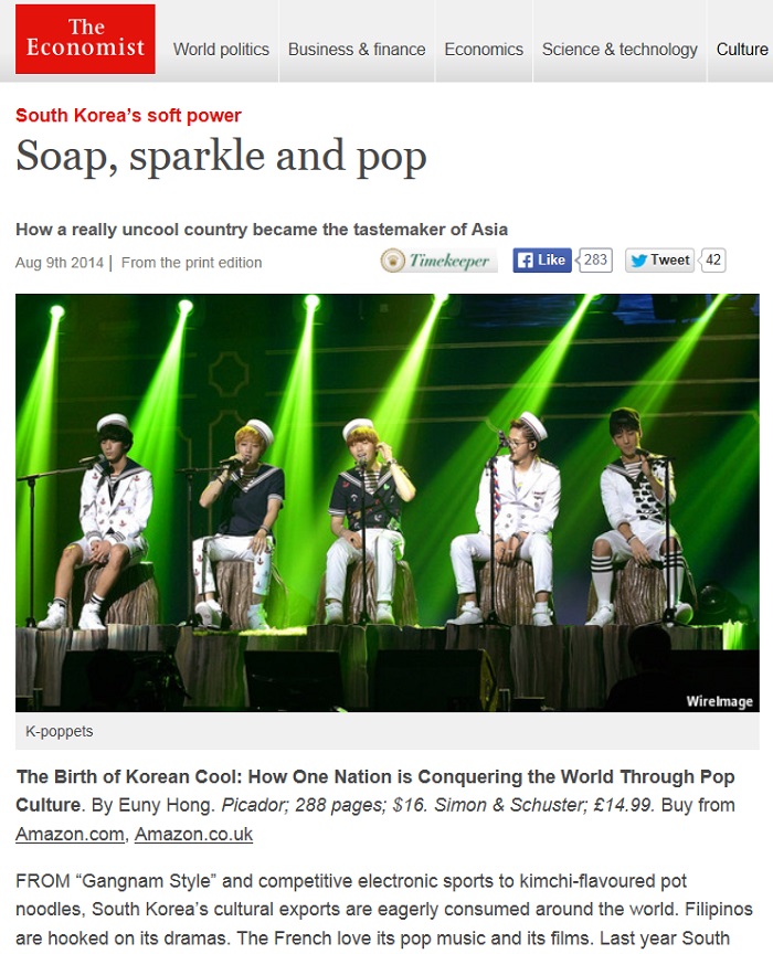 The Economist’s August 9 article, “South Korea’s soft power: Soap, sparkle and pop.”