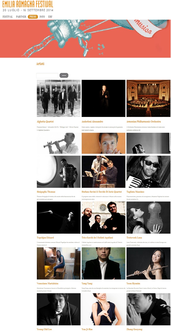 The official poster for the Emilia Romagna Festival, currently underway in the northern Italian region, shows the lineup of participating musicians, including Korean conductor Lee Young-chil and flutists Yoon Hyun-im and Yun Ji-hae. 