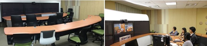 Video conference system (left). The principal and colleagues hold a conference with counterparts in Australia (right).