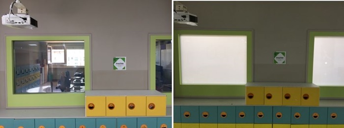 Smog glass is clear (left) naturally, but becomes opaque when electricity is applied (right).