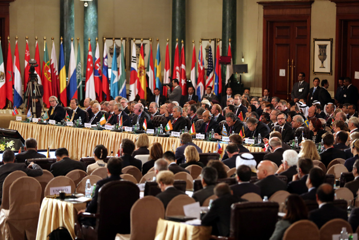 Representatives from around the world share their ideas during the International Donors Conference on Financing the Reconstruction of the Gaza Strip on October 12 in Cairo, Egypt. 